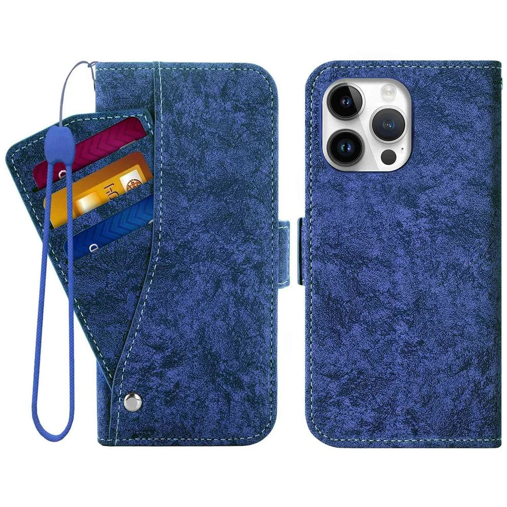 For iPhone 16 Pro Max Case Water-ink Painting Wallet PU Leather Phone Cover with Rotating Card Slots - Blue - 1