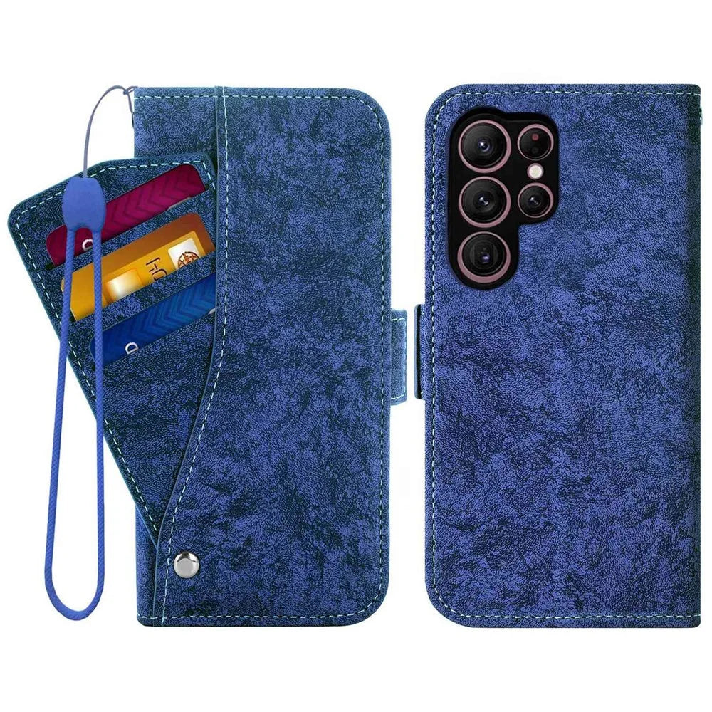 For Samsung Galaxy S24 Ultra Case Water-ink Painting Wallet PU Leather Phone Cover with Rotating Card Slots - Blue - 1