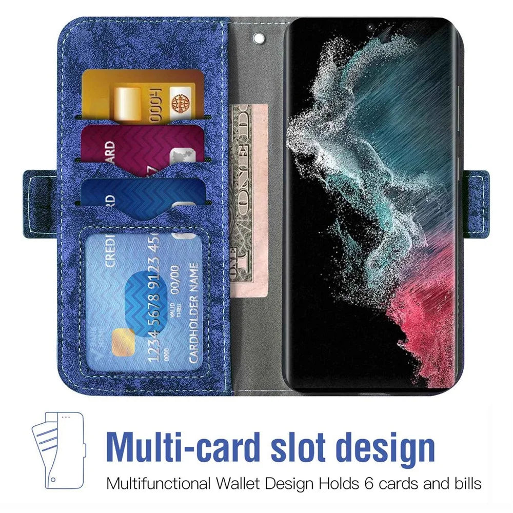 For Samsung Galaxy S24 Ultra Case Water-ink Painting Wallet PU Leather Phone Cover with Rotating Card Slots - Blue - 2