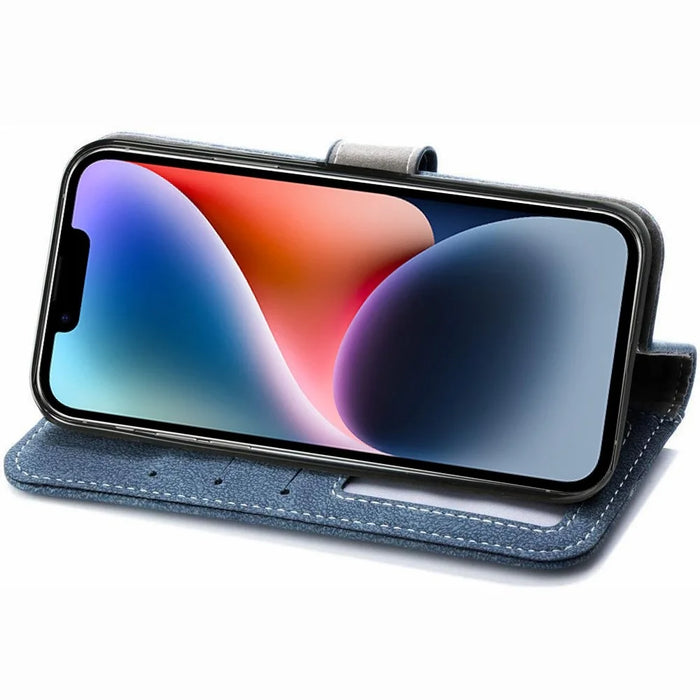 For iPhone 15 Case Retro PU Leather Wallet Phone Cover with Rotating Card Slots Holder - Blue - 3
