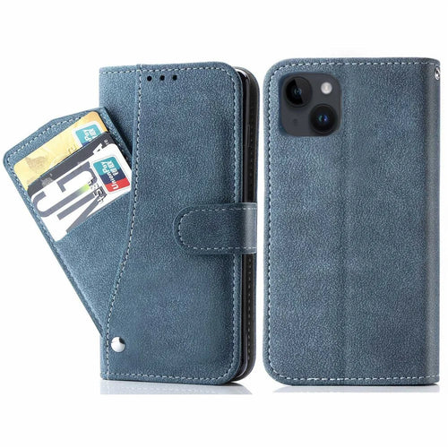 For iPhone 15 Plus Case Retro PU Leather Wallet Phone Cover with Rotating Card Slots Holder - Blue - 1