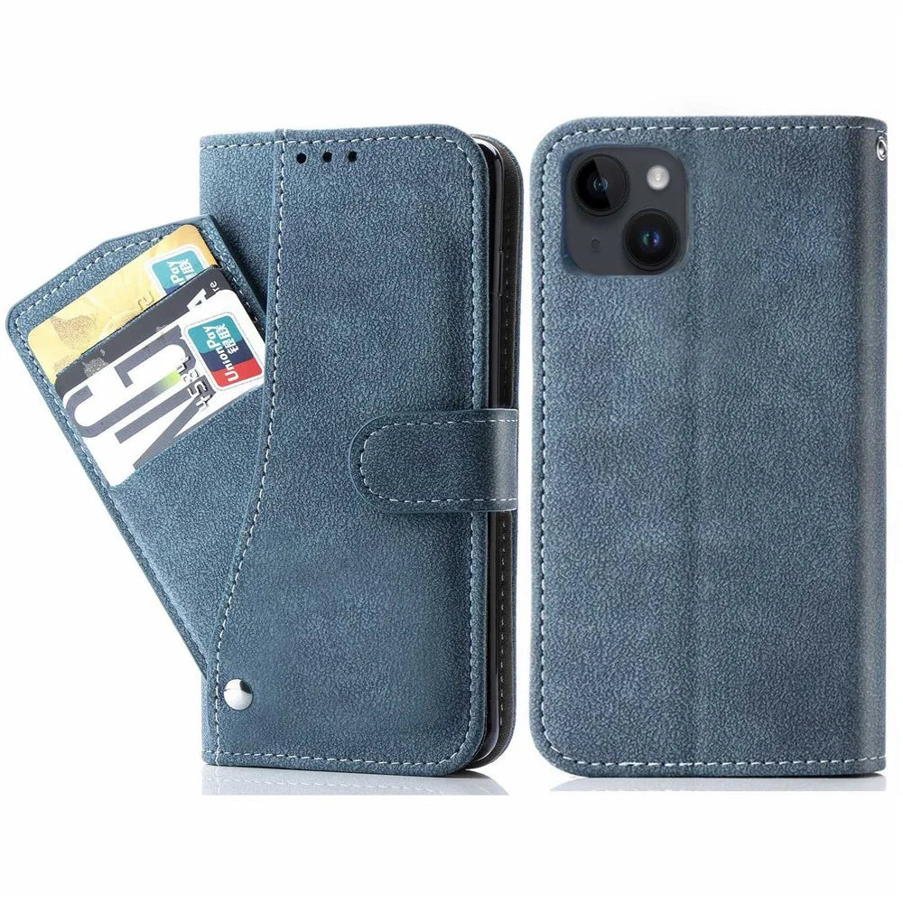 For iPhone 15 Plus Case Retro PU Leather Wallet Phone Cover with Rotating Card Slots Holder - Blue - 1