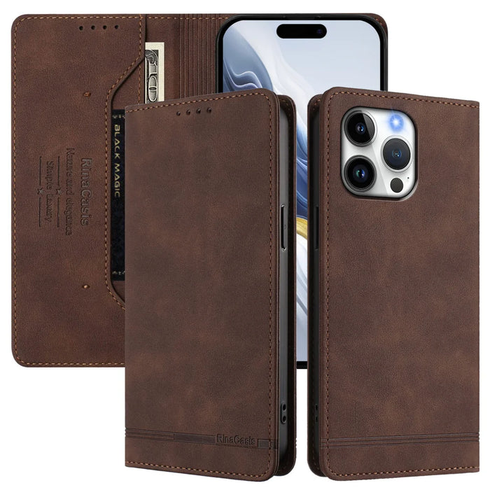 For iPhone 16 Pro Case RINACASIS RC23 RFID Blocking Wallet Stand PU Leather Phone Cover - Brown - 3