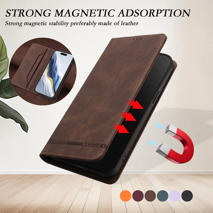 For iPhone 16 Pro Case RINACASIS RC23 RFID Blocking Wallet Stand PU Leather Phone Cover - Brown - 7