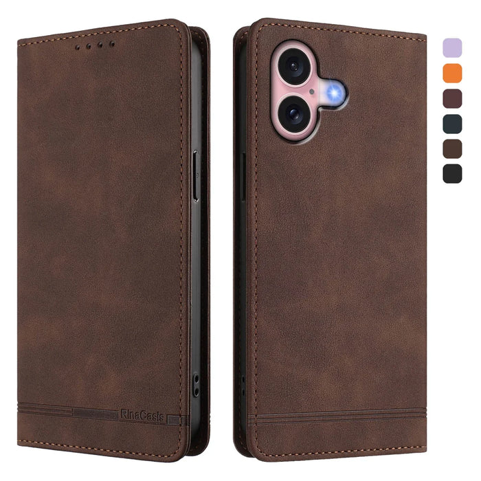 For iPhone 16 Case RINACASIS RC23 RFID Blocking Wallet Stand PU Leather Phone Cover - Brown - 1