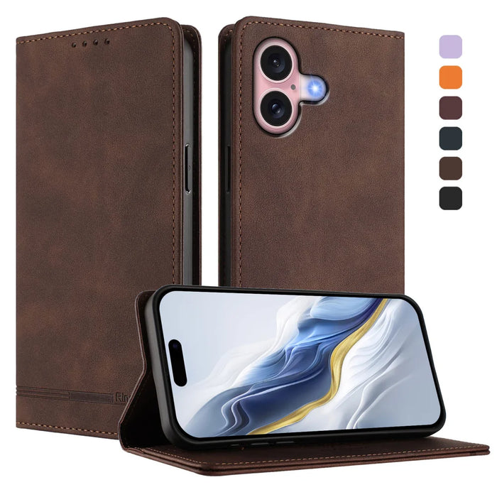 For iPhone 16 Case RINACASIS RC23 RFID Blocking Wallet Stand PU Leather Phone Cover - Brown - 2