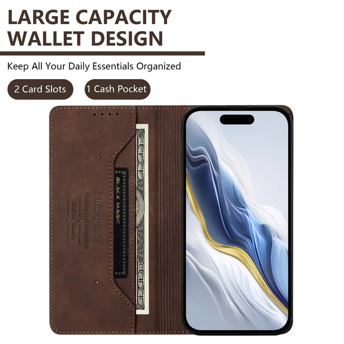 For iPhone 16 Case RINACASIS RC23 RFID Blocking Wallet Stand PU Leather Phone Cover - Brown - 5
