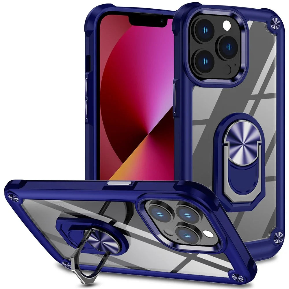 For iPhone 13 Pro Max 6.7 inch Anti-scratch Phone Case with Metal Ring Kickstand PC + TPU Smartphone Back Cover - Blue - 1