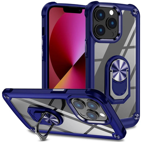 For iPhone 13 Pro Max 6.7 inch Anti-scratch Phone Case with Metal Ring Kickstand PC + TPU Smartphone Back Cover - Blue - 1
