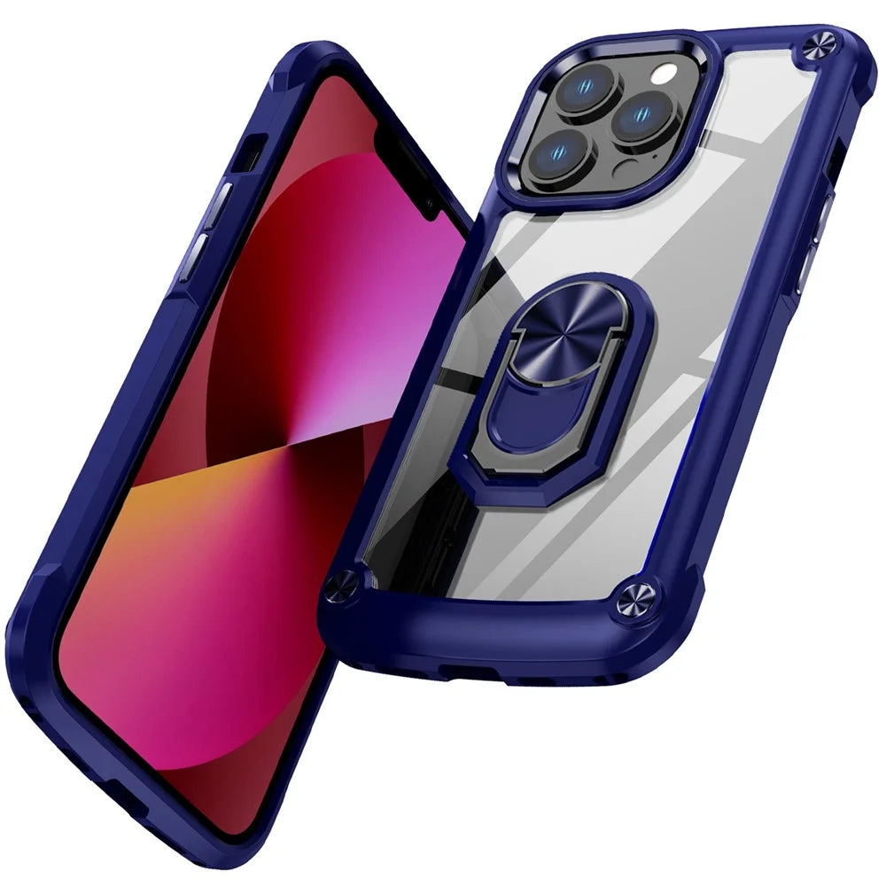 For iPhone 13 Pro Max 6.7 inch Anti-scratch Phone Case with Metal Ring Kickstand PC + TPU Smartphone Back Cover - Blue - 2