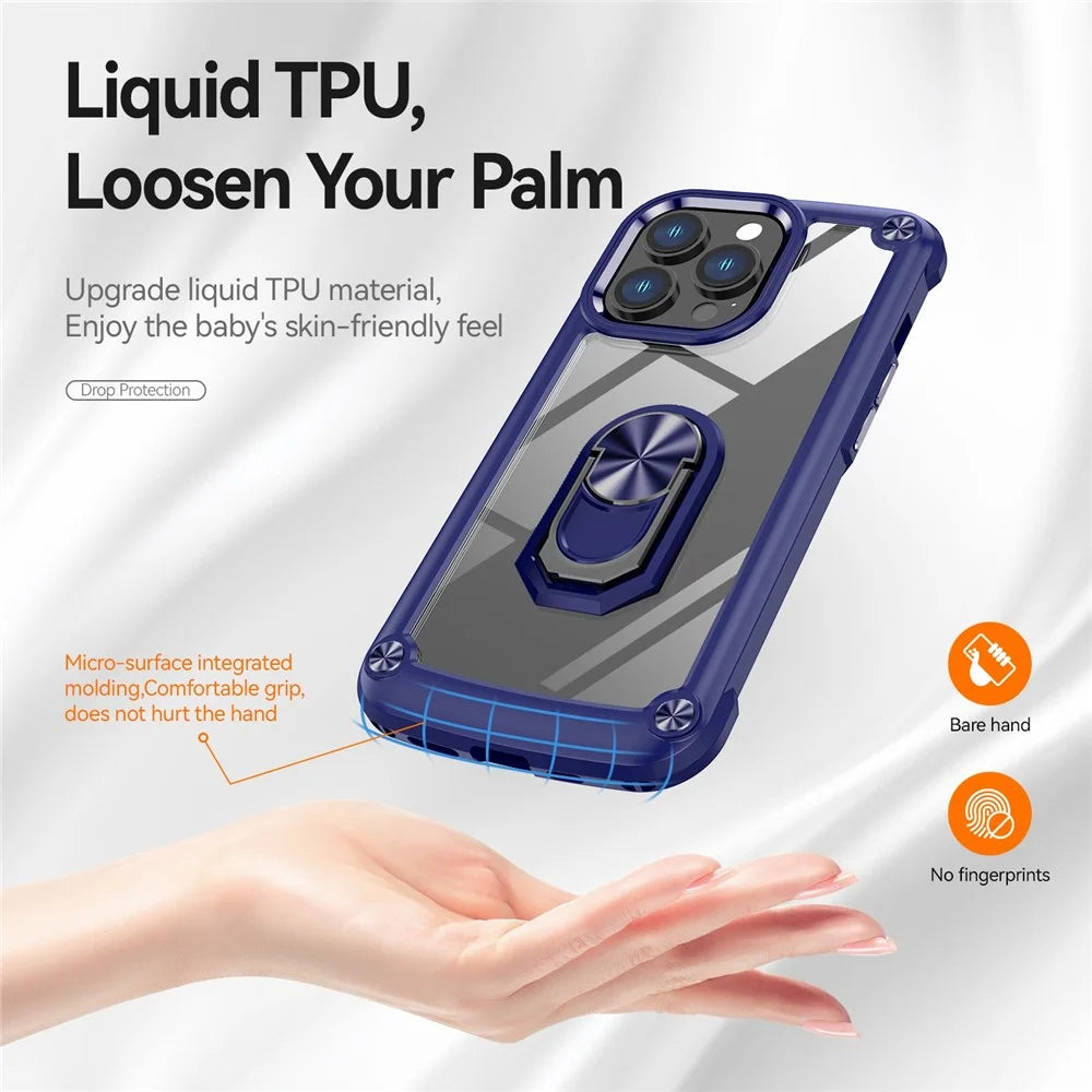 For iPhone 13 Pro Max 6.7 inch Anti-scratch Phone Case with Metal Ring Kickstand PC + TPU Smartphone Back Cover - Blue - 4