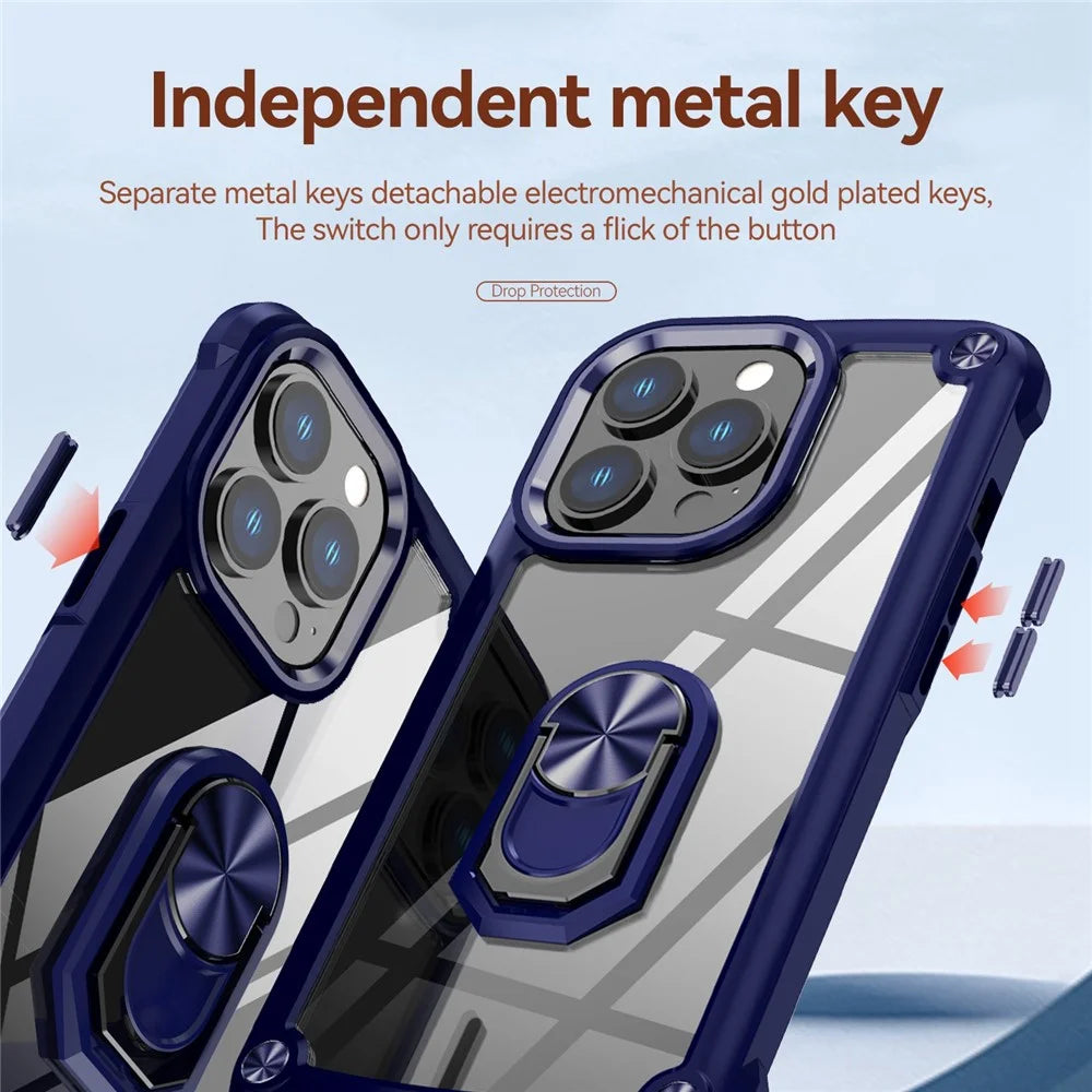 For iPhone 13 Pro Max 6.7 inch Anti-scratch Phone Case with Metal Ring Kickstand PC + TPU Smartphone Back Cover - Blue - 6