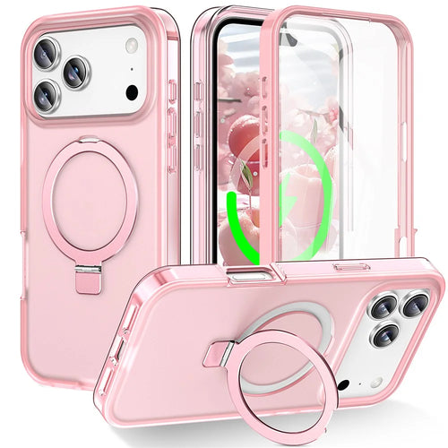 For iPhone 17 Pro Max Magnetic Case Kickstand Frosted TPU + PC Phone Cover with PET Screen Protector - Pink - 1