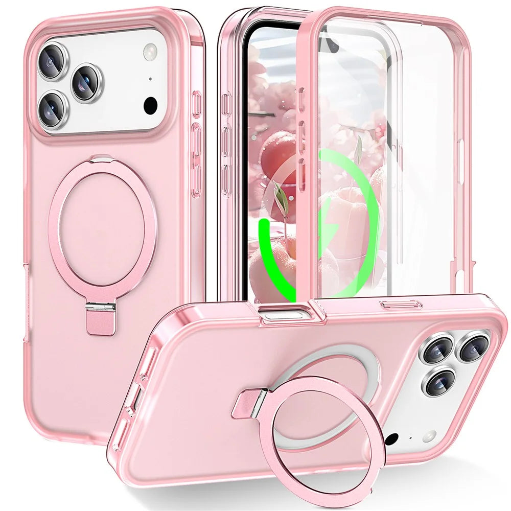 For iPhone 17 Pro Max Magnetic Case Kickstand Frosted TPU + PC Phone Cover with PET Screen Protector - Pink - 1