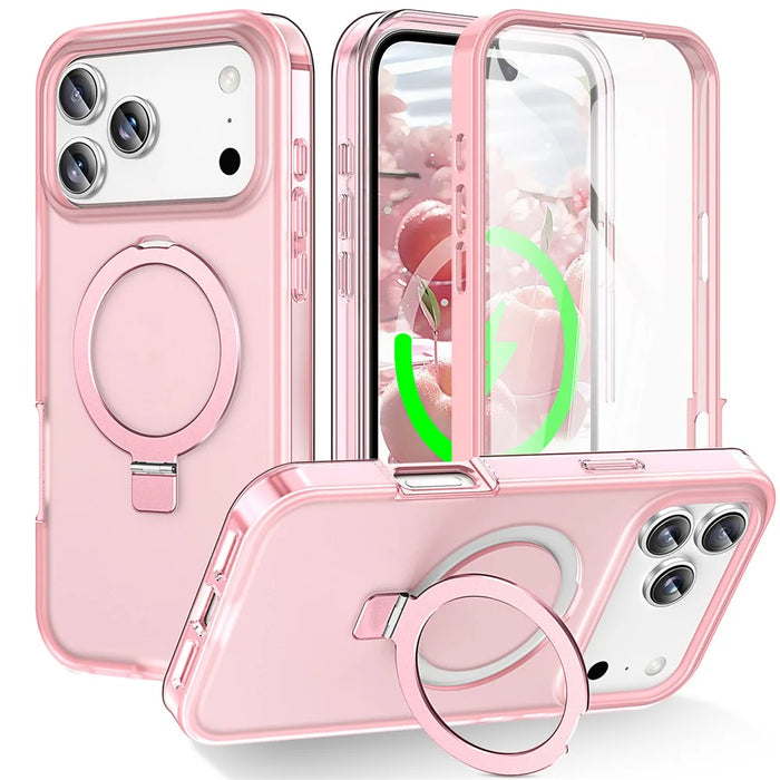 For iPhone 17 Pro Max Magnetic Case Kickstand Frosted TPU + PC Phone Cover with PET Screen Protector - Pink - 1