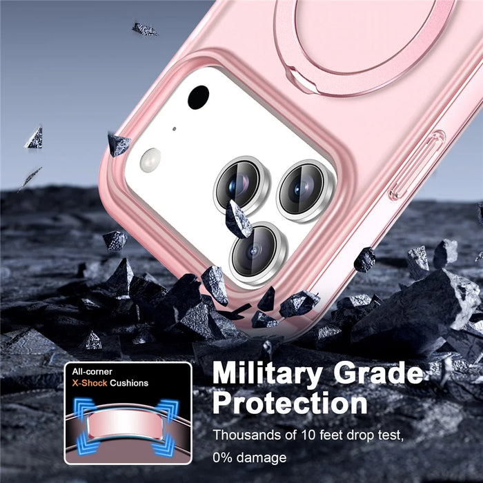 For iPhone 17 Pro Max Magnetic Case Kickstand Frosted TPU + PC Phone Cover with PET Screen Protector - Pink - 3