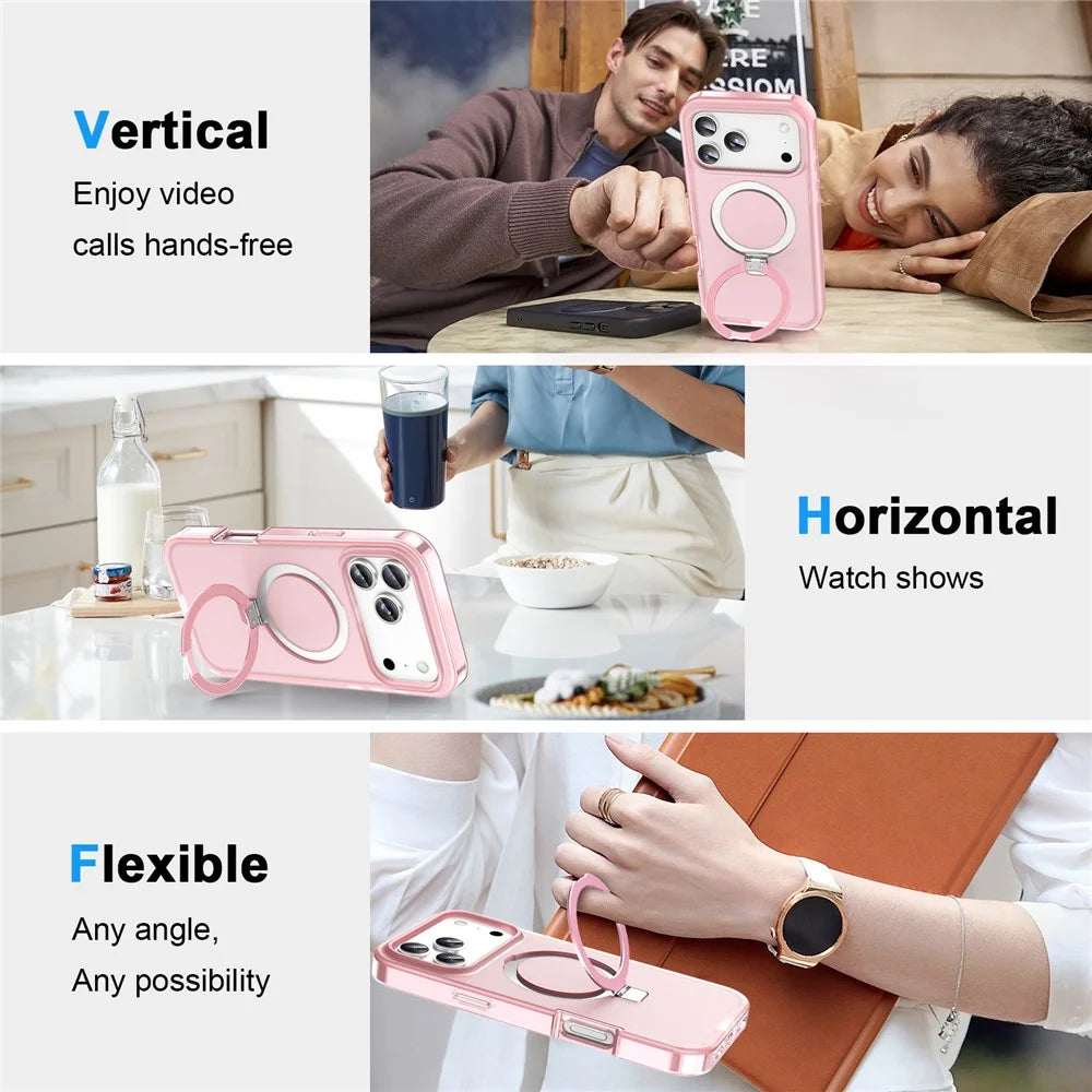 For iPhone 17 Pro Magnetic Case Kickstand Frosted TPU + PC Phone Cover with PET Screen Protector - Pink - 6