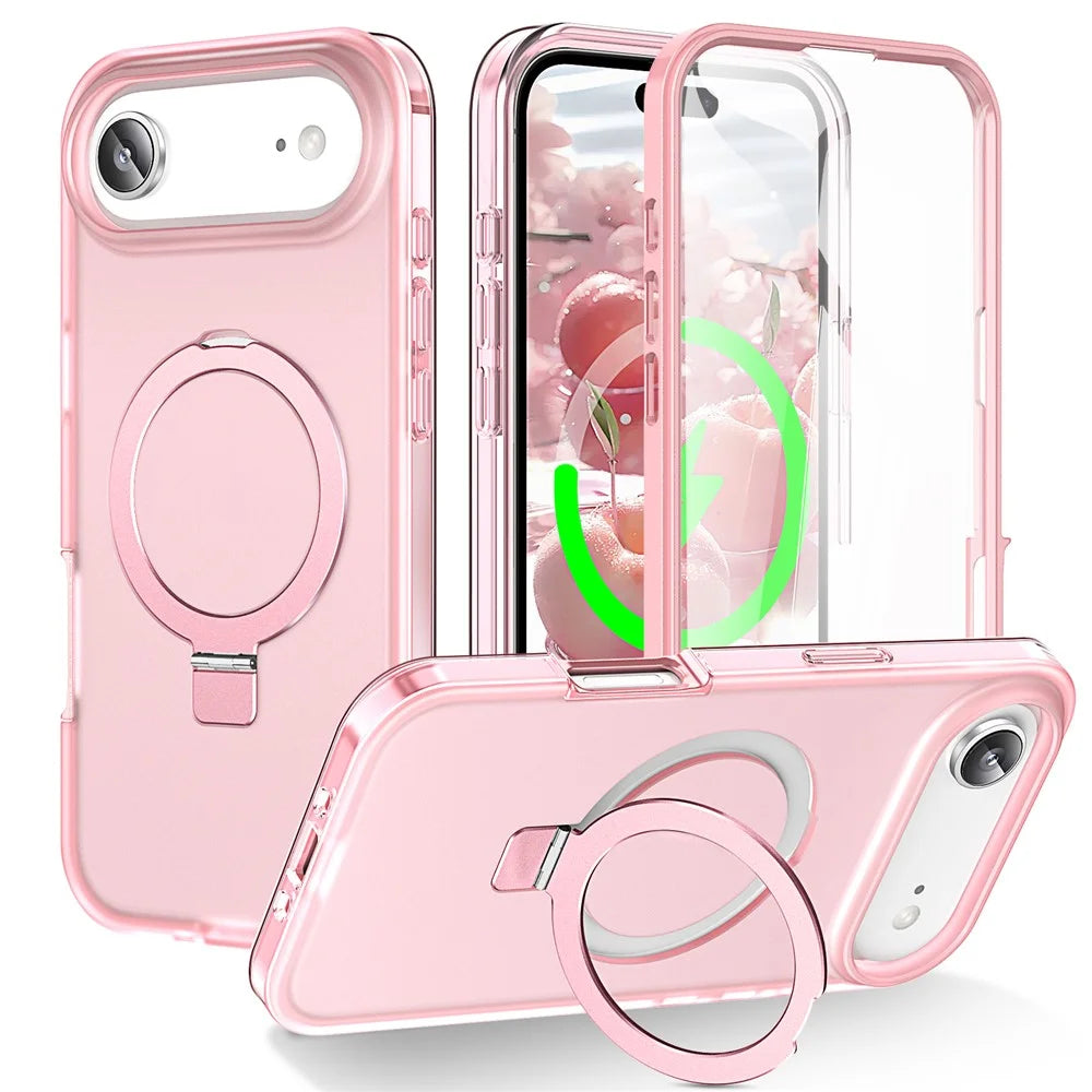 For iPhone Air Magnetic Case Kickstand Frosted TPU + PC Phone Cover with PET Screen Protector - Pink - 1