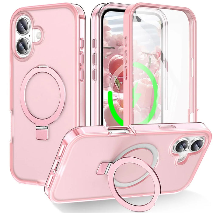 For iPhone 17 Magnetic Case Kickstand Frosted TPU + PC Phone Cover with PET Screen Protector - Pink - 1