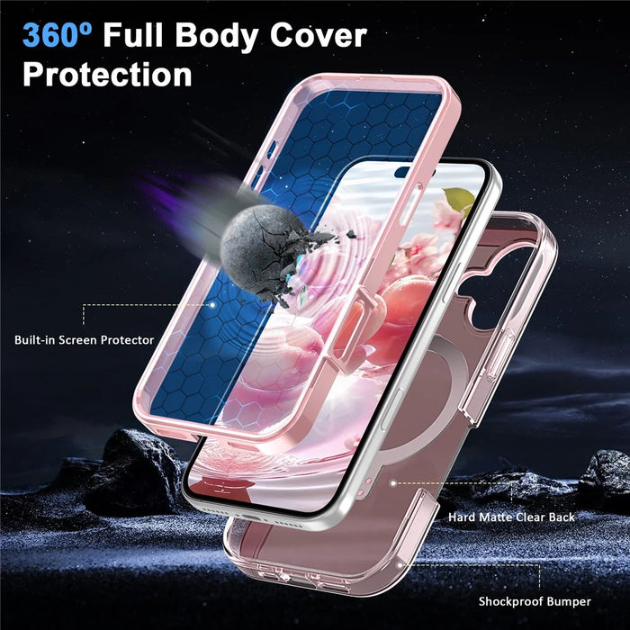 For iPhone 17 Magnetic Case Kickstand Frosted TPU + PC Phone Cover with PET Screen Protector - Pink - 4