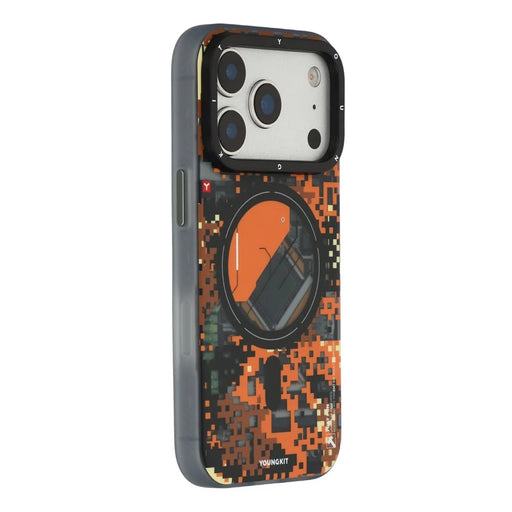 YOUNGKIT For iPhone 17 Pro Magnetic Case Pixel Camouflage 2.0 Shockproof TPU PC Phone Back Cover - Orange - 1