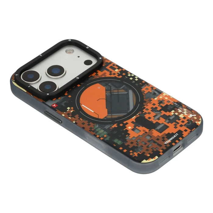 YOUNGKIT For iPhone 17 Pro Magnetic Case Pixel Camouflage 2.0 Shockproof TPU PC Phone Back Cover - Orange - 4