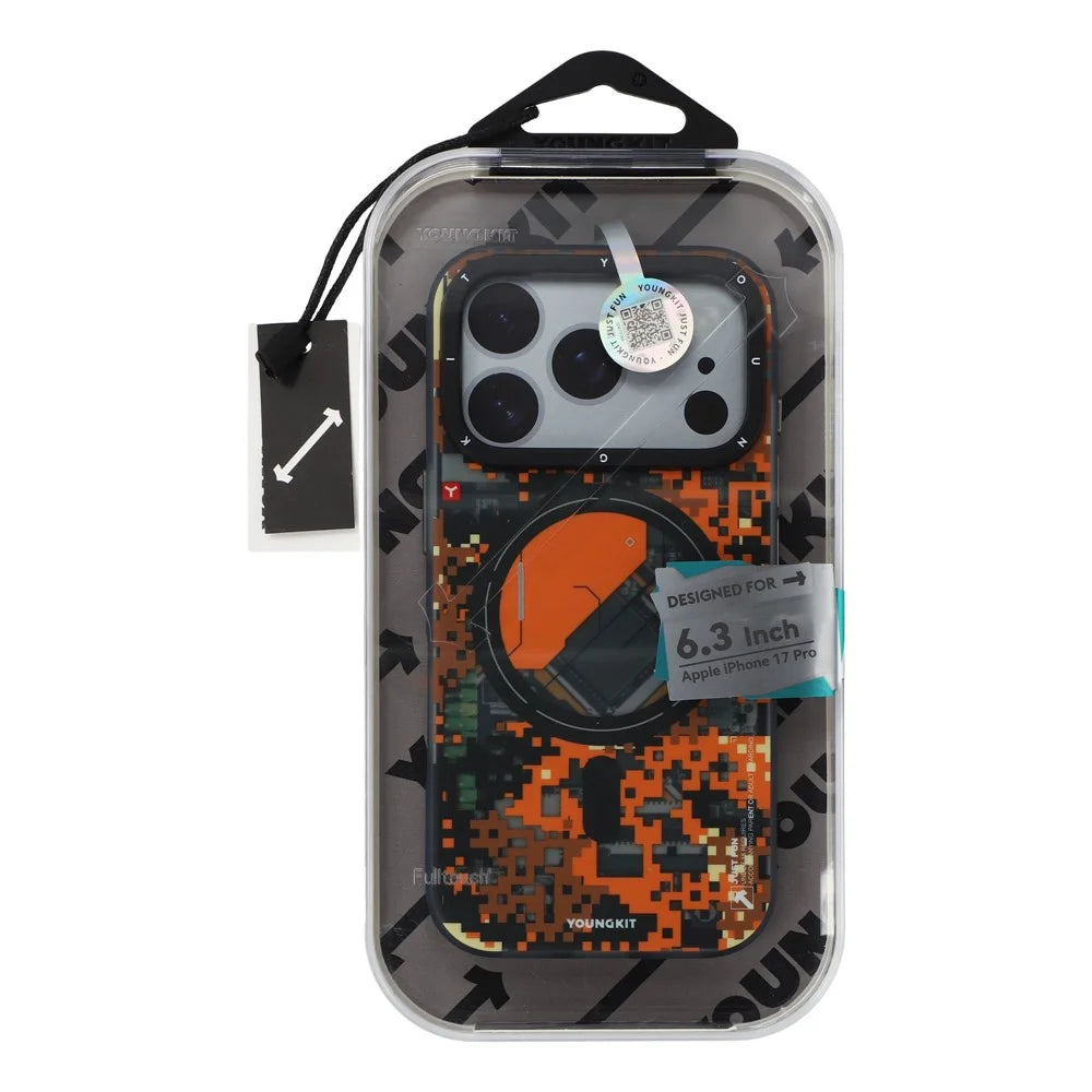 YOUNGKIT For iPhone 17 Pro Magnetic Case Pixel Camouflage 2.0 Shockproof TPU PC Phone Back Cover - Orange - 7
