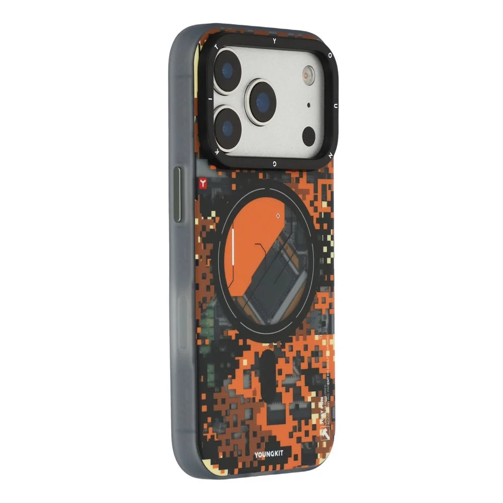 YOUNGKIT For iPhone 17 Pro Max Magnetic Case Pixel Camouflage 2.0 Shockproof TPU PC Phone Back Cover - Orange - 1