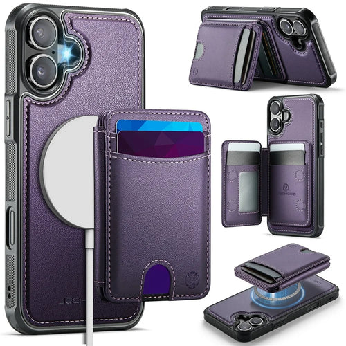 JEEHOOD J10 For iPhone 17 Case with Detachable Card Holder Kickstand Compatible with MagSafe Leather Back Phone Coverd - Purple - 1