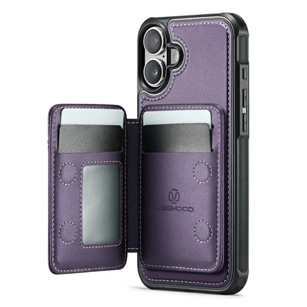 JEEHOOD J10 For iPhone 17 Case with Detachable Card Holder Kickstand Compatible with MagSafe Leather Back Phone Coverd - Purple - 2