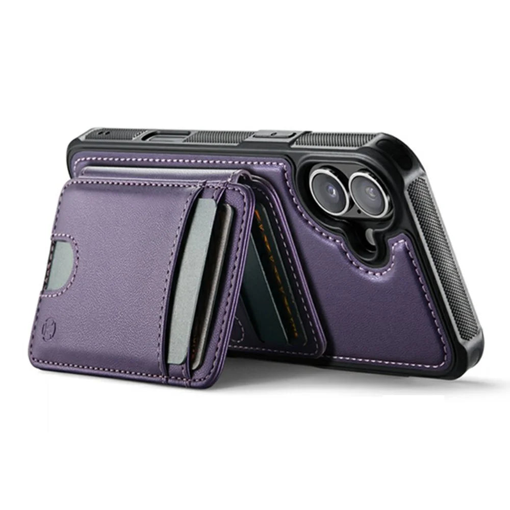 JEEHOOD J10 For iPhone 17 Case with Detachable Card Holder Kickstand Compatible with MagSafe Leather Back Phone Coverd - Purple - 3