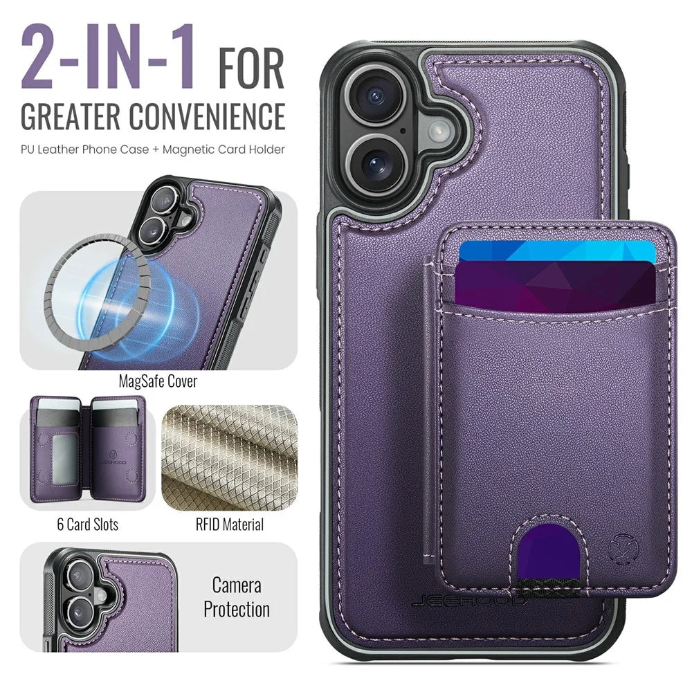 JEEHOOD J10 For iPhone 17 Case with Detachable Card Holder Kickstand Compatible with MagSafe Leather Back Phone Coverd - Purple - 4