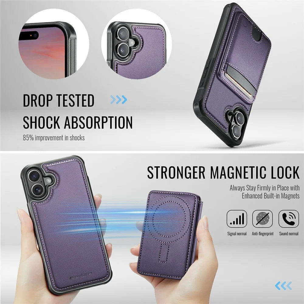 JEEHOOD J10 For iPhone 17 Case with Detachable Card Holder Kickstand Compatible with MagSafe Leather Back Phone Coverd - Purple - 5