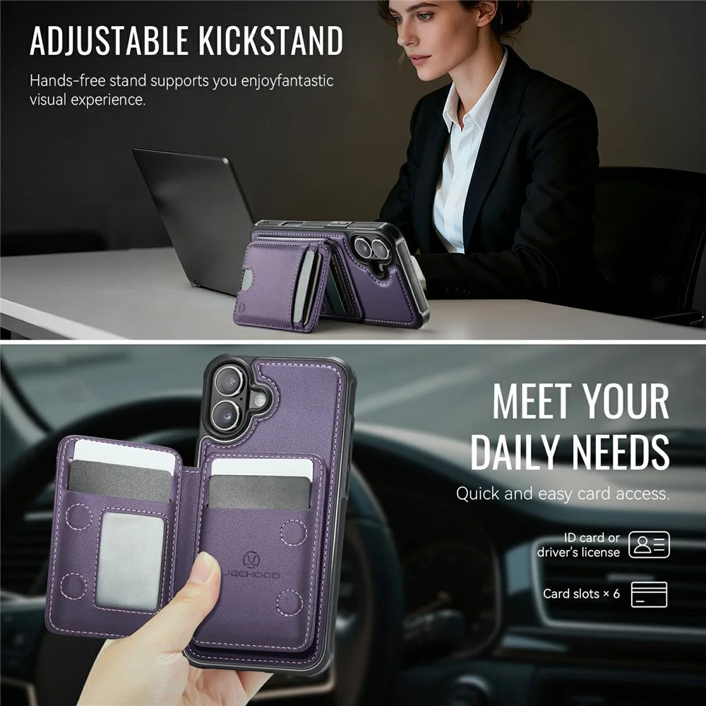JEEHOOD J10 For iPhone 17 Case with Detachable Card Holder Kickstand Compatible with MagSafe Leather Back Phone Coverd - Purple - 6