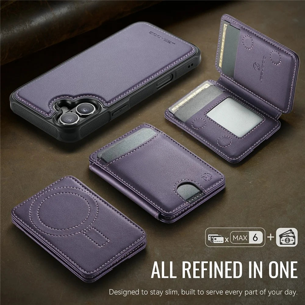 JEEHOOD J10 For iPhone 17 Case with Detachable Card Holder Kickstand Compatible with MagSafe Leather Back Phone Coverd - Purple - 7