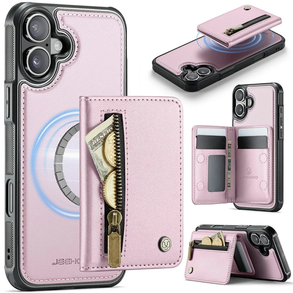 JEEHOOD J12 For iPhone 17 Magnetic Case Detachable Zipper Wallet Kickstand Leather Back Cover  Compatible with MagSafe - Pink - 1