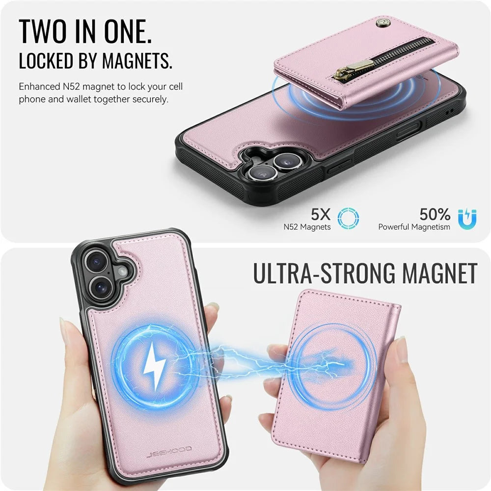 JEEHOOD J12 For iPhone 17 Magnetic Case Detachable Zipper Wallet Kickstand Leather Back Cover  Compatible with MagSafe - Pink - 3