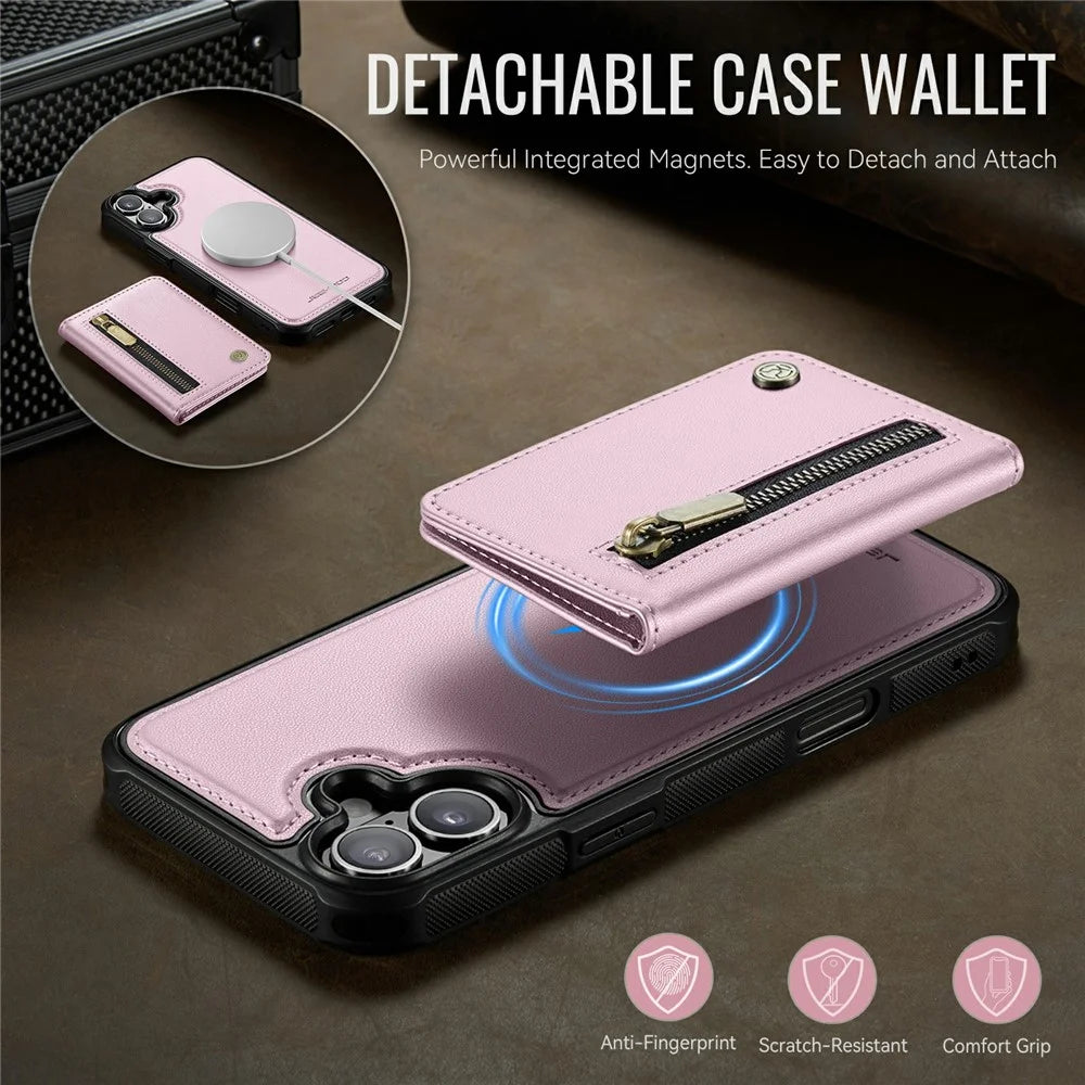 JEEHOOD J12 For iPhone 17 Magnetic Case Detachable Zipper Wallet Kickstand Leather Back Cover  Compatible with MagSafe - Pink - 4