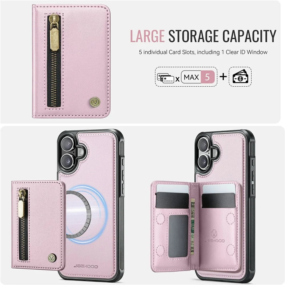JEEHOOD J12 For iPhone 17 Magnetic Case Detachable Zipper Wallet Kickstand Leather Back Cover  Compatible with MagSafe - Pink - 5