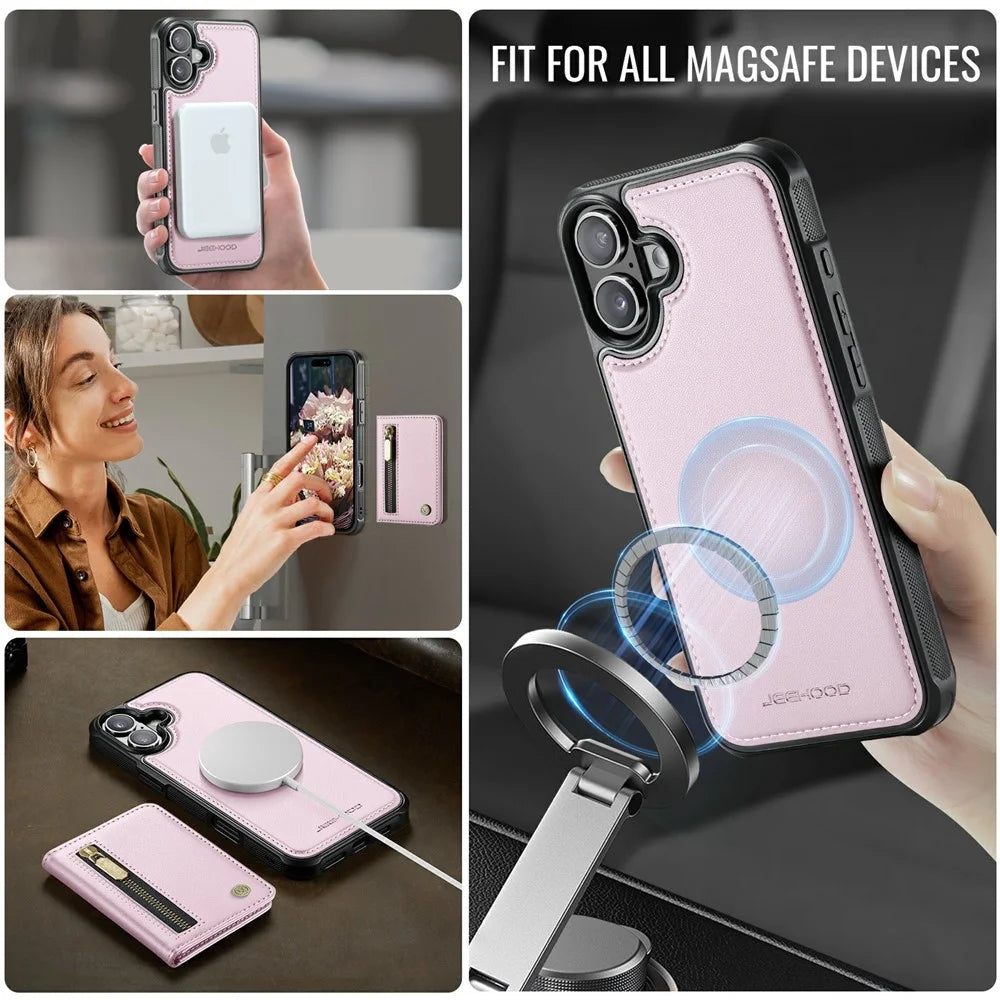 JEEHOOD J12 For iPhone 17 Magnetic Case Detachable Zipper Wallet Kickstand Leather Back Cover  Compatible with MagSafe - Pink - 6
