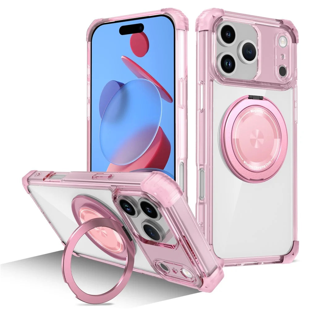 For iPhone 17 Pro Max Case Compatible with MagSafe Rotating Kickstand PC + TPU Back Cover - Transparent Pink - 1