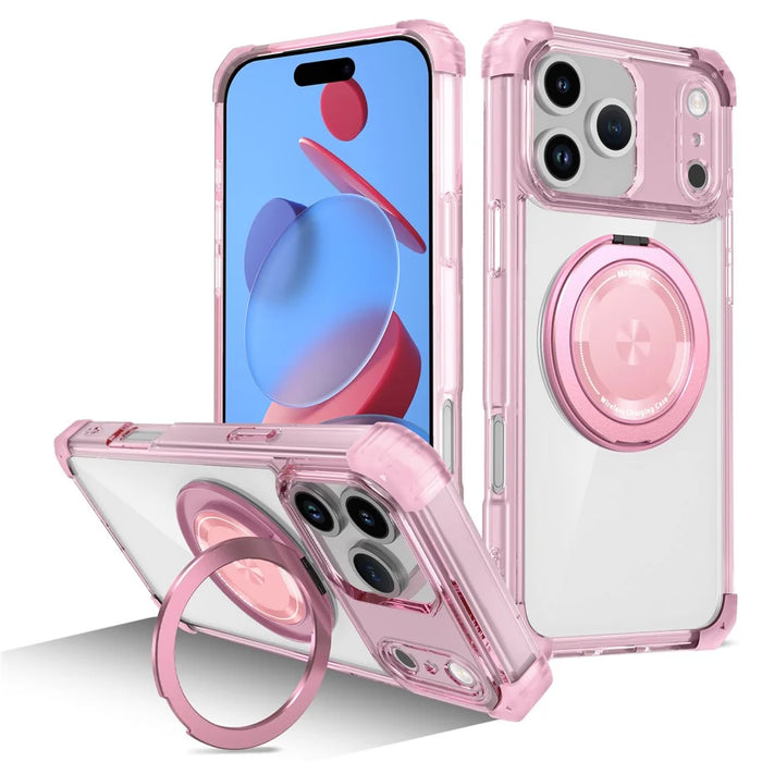 For iPhone 17 Pro Max Case Compatible with MagSafe Rotating Kickstand PC + TPU Back Cover - Transparent Pink - 1