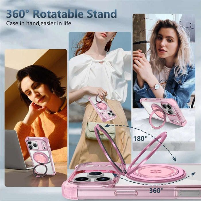 For iPhone 17 Pro Max Case Compatible with MagSafe Rotating Kickstand PC + TPU Back Cover - Transparent Pink - 4