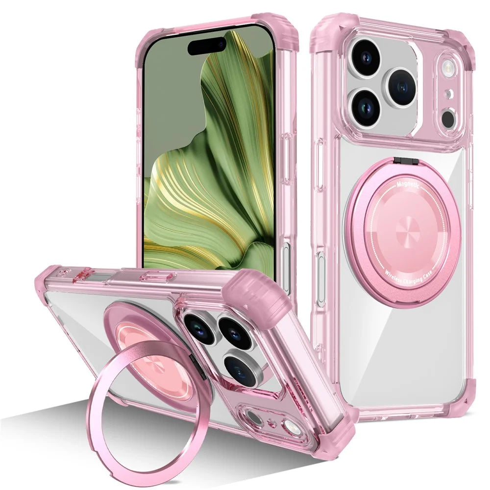 For iPhone 17 Pro Case Compatible with MagSafe Rotating Kickstand PC + TPU Back Cover - Transparent Pink - 1