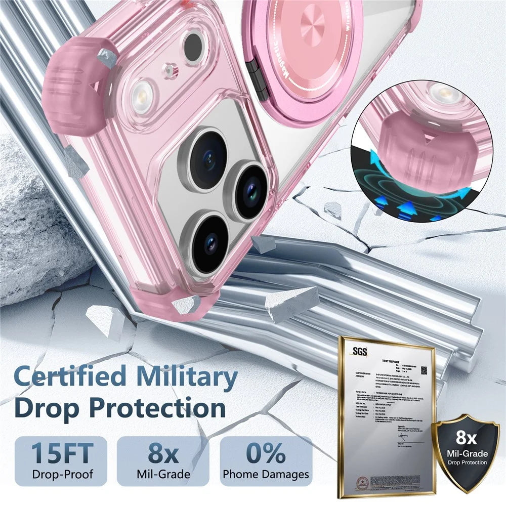 For iPhone 17 Pro Case Compatible with MagSafe Rotating Kickstand PC + TPU Back Cover - Transparent Pink - 2