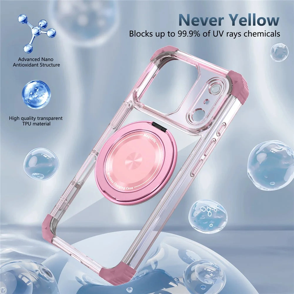 For iPhone 17 Pro Case Compatible with MagSafe Rotating Kickstand PC + TPU Back Cover - Transparent Pink - 3