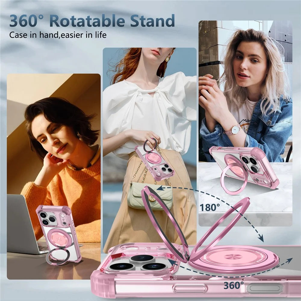 For iPhone 17 Pro Case Compatible with MagSafe Rotating Kickstand PC + TPU Back Cover - Transparent Pink - 4