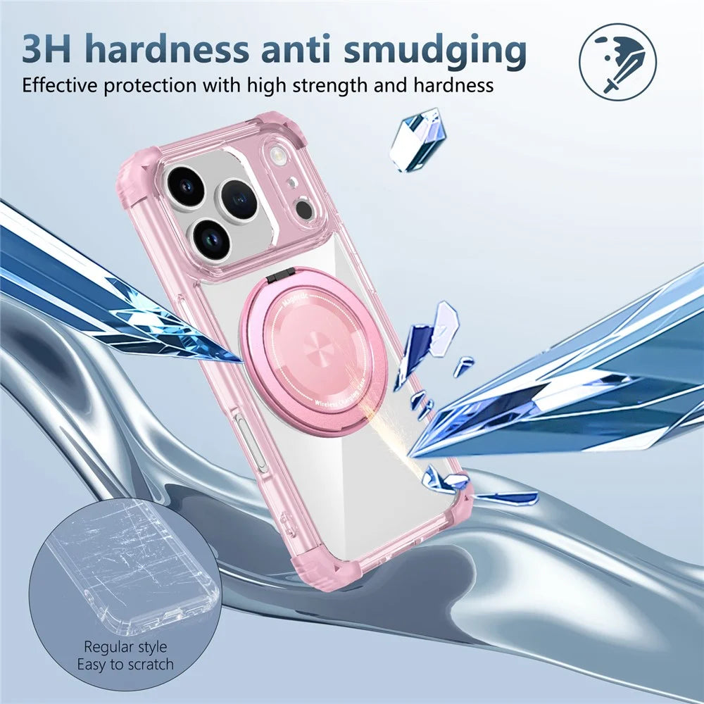 For iPhone 17 Pro Case Compatible with MagSafe Rotating Kickstand PC + TPU Back Cover - Transparent Pink - 5