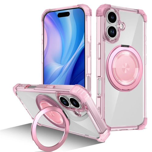 For iPhone 17 Case Compatible with MagSafe Rotating Kickstand PC + TPU Back Cover - Transparent Pink - 1