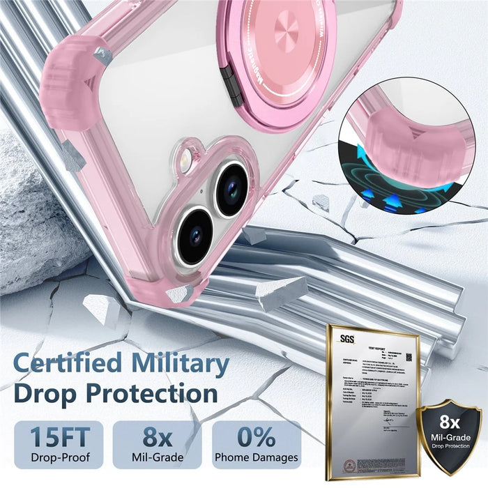 For iPhone 17 Case Compatible with MagSafe Rotating Kickstand PC + TPU Back Cover - Transparent Pink - 3